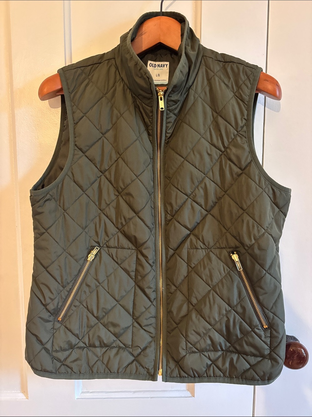 Old Navy Quilted Olive Vest with Gold Zippers